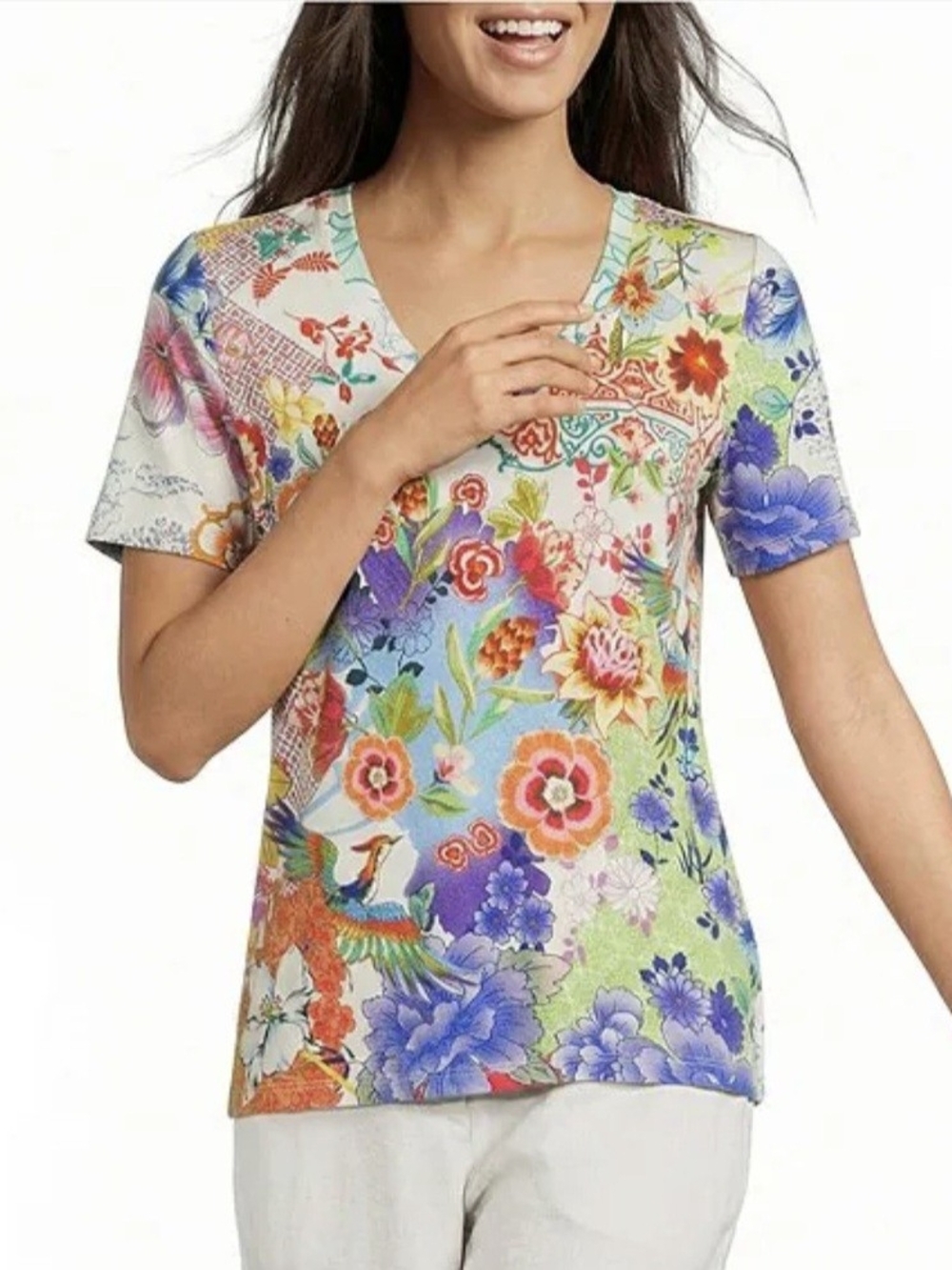 Johnny Was Multicolor Floral V-Neck Short Sleeve Tee Size S
